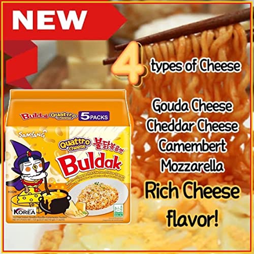 Buldak, Buldak™, Stir-Fried Ramen, Spicy Chicken, Quattro Cheese, 5 Packs, 5.11 Oz (145 G) Each
